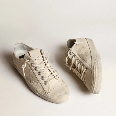 Golden Goose V-Star In Light Cream Canvas With Milk-White Leather Star Golden Goose V-Star In Light Cream Canvas With Milk-White Leather Star
