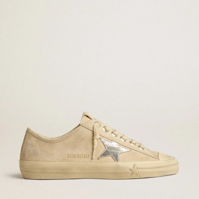 Golden Goose V-Star In Pearl Suede With Silver Metallic Leather Star Golden Goose V-Star In Pearl Suede With Silver Metallic Leather Star