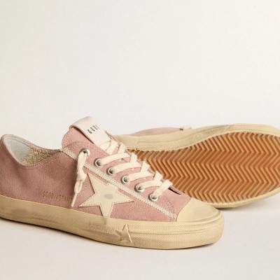 Golden Goose V-Star In Pink Suede With Cream Leather Star Golden Goose V-Star In Pink Suede With Cream Leather Star
