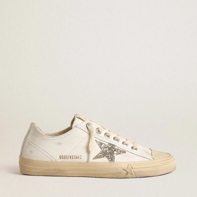 Golden Goose V-Star In White Leather With A Platinum Glitter Star Golden Goose V-Star In White Leather With A Platinum Glitter Star
