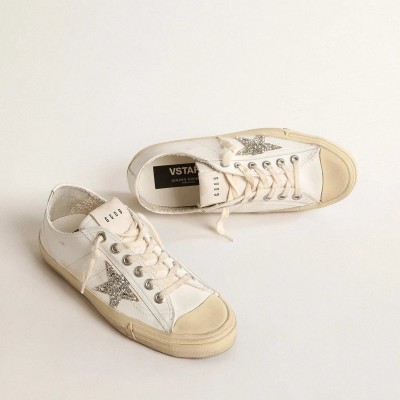 Golden Goose V-Star In White Leather With A Platinum Glitter Star Golden Goose V-Star In White Leather With A Platinum Glitter Star