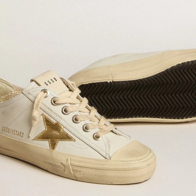 Golden Goose V-Star In White Leather With Gold Metallic Leather Star