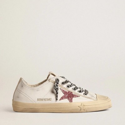 Golden Goose V-Star With Pink Glitter Star And Metallic Leather Heel Tab Golden Goose V-Star With Pink Glitter Star And Metallic Leather Heel Tab