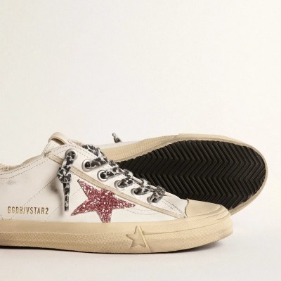Golden Goose V-Star With Pink Glitter Star And Metallic Leather Heel Tab Golden Goose V-Star With Pink Glitter Star And Metallic Leather Heel Tab