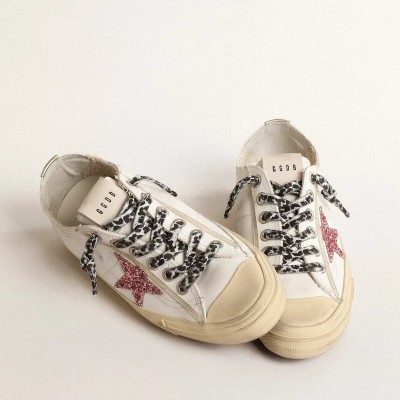 Golden Goose V-Star With Pink Glitter Star And Metallic Leather Heel Tab Golden Goose V-Star With Pink Glitter Star And Metallic Leather Heel Tab