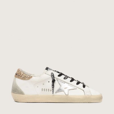Golden Goose White Leather Super-Star With Glittery Heel Tab Golden Goose White Leather Super-Star With Glittery Heel Tab