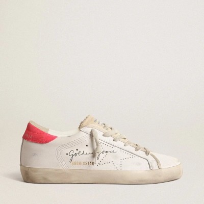 Golden Goose White Leather Super-Star With Perforated Star And Fuchsia Nylon Heel Tab Golden Goose White Leather Super-Star With Perforated Star And Fuchsia Nylon Heel Tab