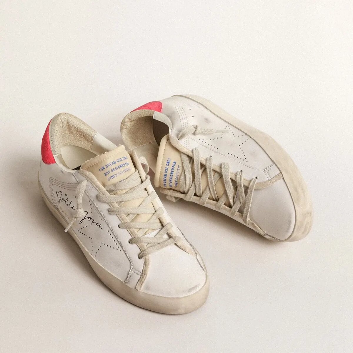 Golden Goose White Leather Super-Star With Perforated Star And Fuchsia Nylon Heel Tab Golden Goose White Leather Super-Star With Perforated Star And Fuchsia Nylon Heel Tab