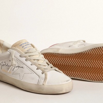 Golden Goose White Leather Super-Star With Perforated Star And Fuchsia Nylon Heel Tab Golden Goose White Leather Super-Star With Perforated Star And Fuchsia Nylon Heel Tab