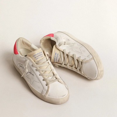 Golden Goose White Leather Super-Star With Perforated Star And Fuchsia Nylon Heel Tab Golden Goose White Leather Super-Star With Perforated Star And Fuchsia Nylon Heel Tab