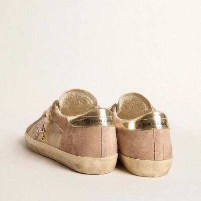 Golden Goose Woman'S Super-Star In Pale Pink Suede With Suede Star And Platinum Heel Tab
